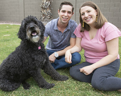 Picture of Primo Pup Vet Health owners Casey & Nora Jones with their dog Cabo.